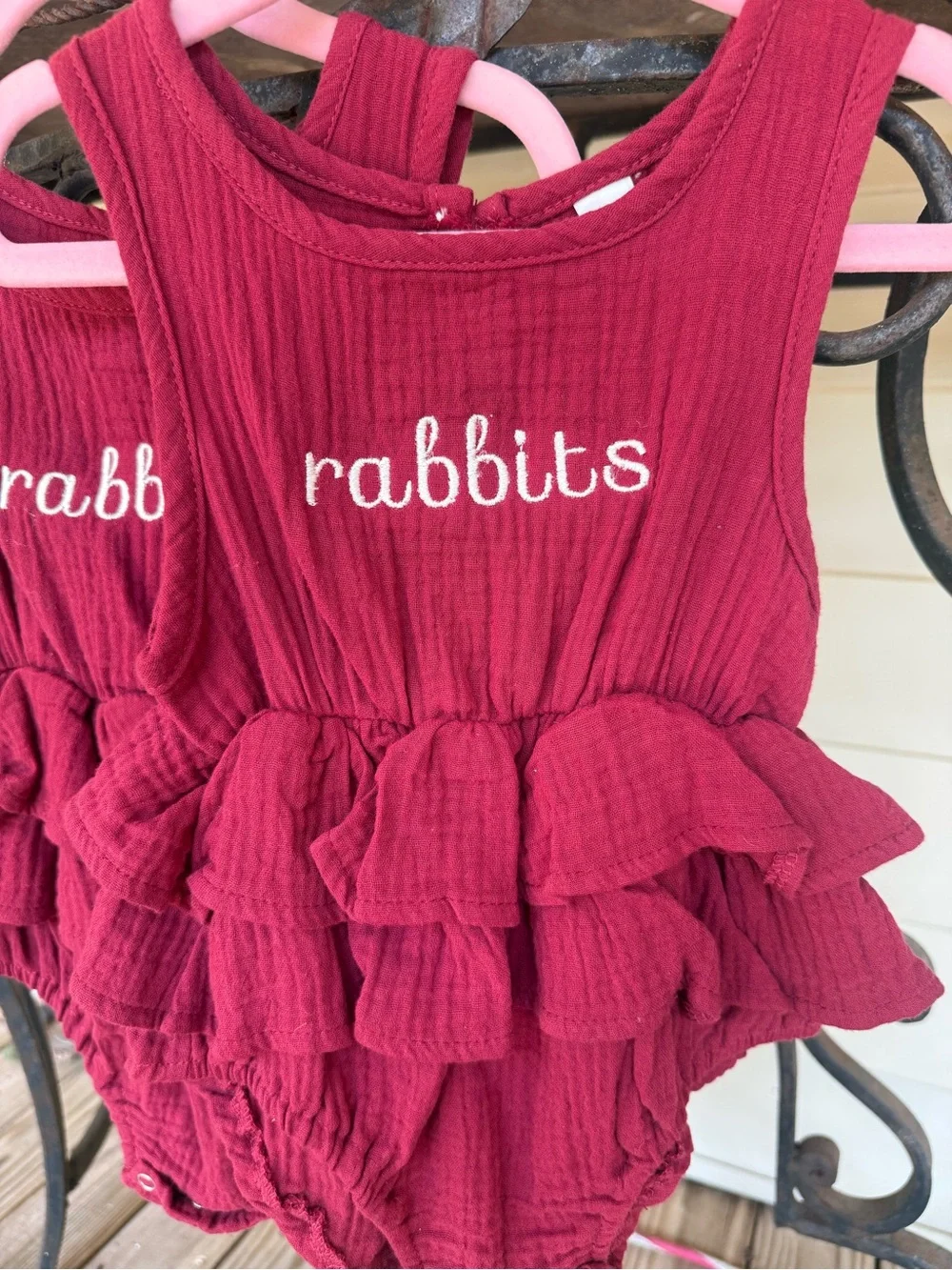 Rabbits Embroidered Ruffled Bodysuit Romper - Raspberry